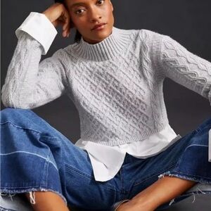 Maeve Anthropologie Light Gray Cable Knit Sweater w Blouse